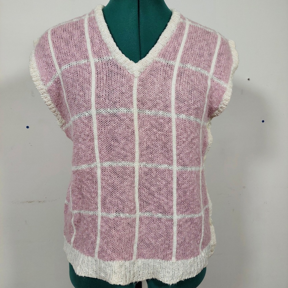 B. Bronson Vintage Pink White Windowpane Plaid Knit Sweater Vest Side Button M